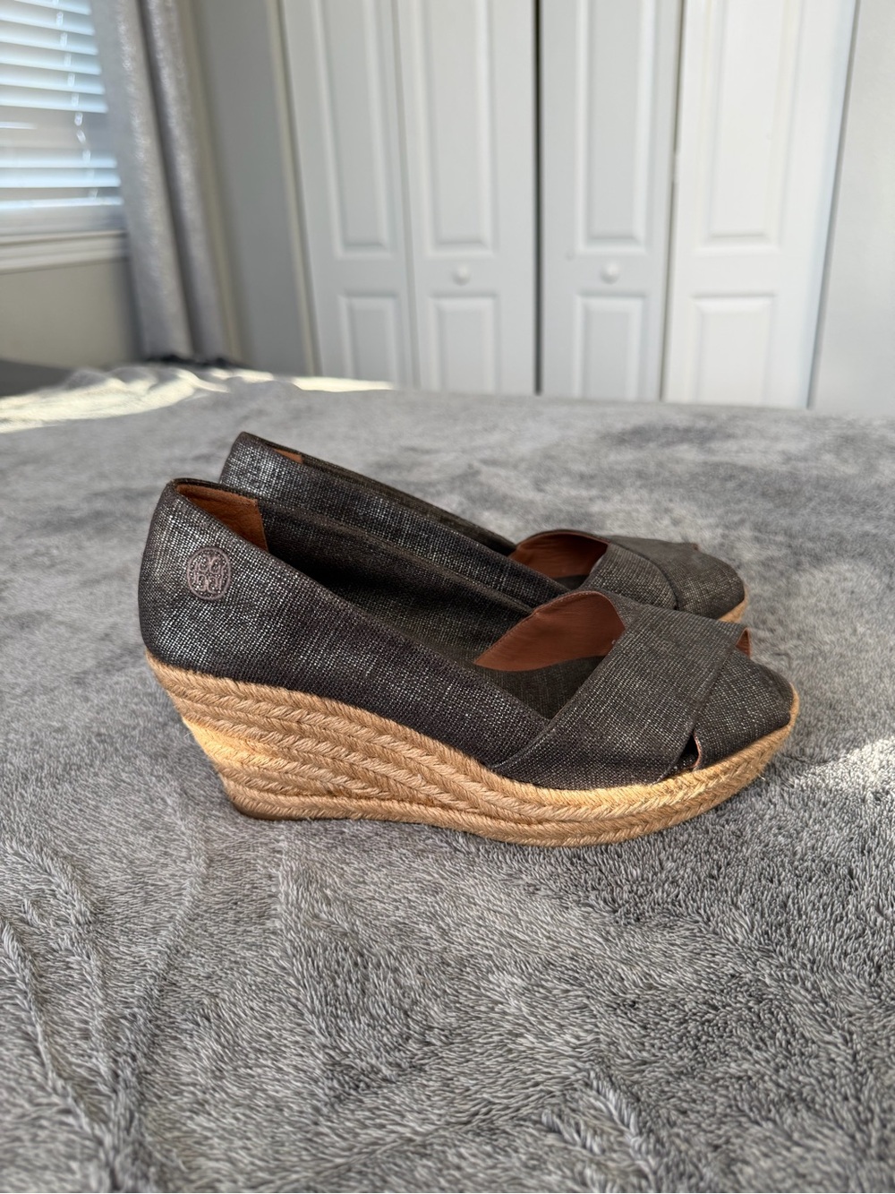 Tory Burch Dark Gray Espadrille Wedge Peep-Toe